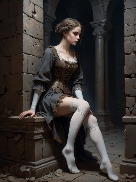 , oil painting, Dutch Angle (from the side) view Extreme Close shot (focus on legs),  pretty woman, Female, smug, buzz cut, Dark brown, Within the labyrinthine catacombs,
focus eyes,  34K uhd, masterpiece, high detail, 8k, intricate, detailed, high resolution, high res, high quality, <lora:add-detail-xl:1.8>, highly detailed, Extremely high-resolution details, fine texture,