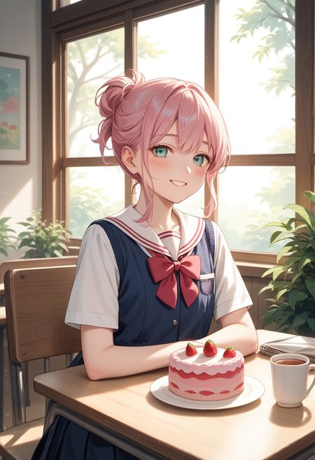 masterpiece, best quality, high quality, high details, source_anime, score_9, score_8_up, score_7_up, extremely detailed,
cheerful high school girl in uniform, sitting at cozy café table with tea and strawberry cake, smiling gently, warm sunlight through window, wooden interior, plants around, soft shadows, gentle blush, soft focus background, pastel tones, heartwarming anime style, shoulder-up view