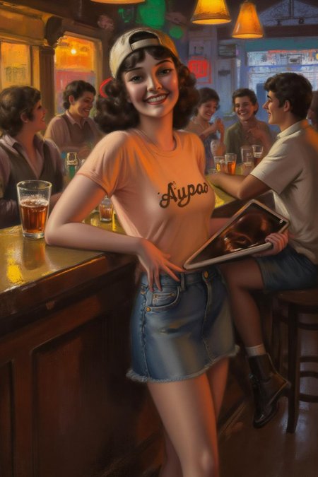 rolfarmstrong1 illustration. 
 The air buzzes with the energy of a busy bar, a mix of music, conversation, and the clinking of glasses. A barmaid, the embodiment of youthful vibrancy, navigates the lively scene. She wears a peach-coloured T-shirt, the soft fabric contrasting with the smooth, cold glass of coke she carries on a small tablet. Her short skirt adds a playful touch, and a backwards baseball cap hints at a carefree attitude. The setting and atmosphere are palpable: the warm, slightly sticky surface of the bar counter under her fingertips, the dim, colourful lighting that casts playful shadows. Sensory details are abundant: the condensation forming on the glass of coke, the texture of her denim skirt, and the way the bar lights catch the highlights in her hair. Her confident stride, her quick smile, and her efficient movements. Stylistically, the image draws inspiration from the vibrant, candid shots of nightlife photographers, with a touch of the stylized realism found in contemporary illustration. There's a deliberate contrast between the barmaid's youthful energy and the slightly worn, lived-in atmosphere of the bar, creating a dynamic and engaging image.  <lora:rolfarmstrong1_cap_d8a4:1.0><lora:862809318867621878:0>