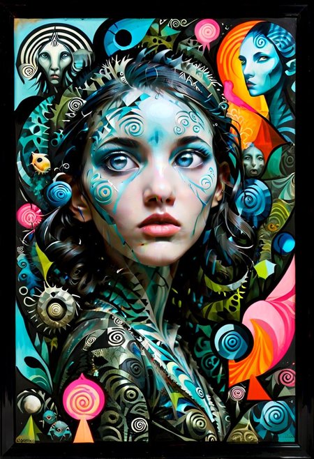 style of barry Mc gee.
Pans Labyrinth style creatures everywhere, with abstract, woman, art style, bioluminescent,girl face, modified with  a mega creatures, gazing away, Apterus, Barry McGee, Frank Auerbach, neon silhouette contrast xarta
x-ray, deconstructed, abstract, surreal, mixed media, collage, outsider-art, avant-garde, punk style
• paintings, polygon, flat , bold color blocks and black lines