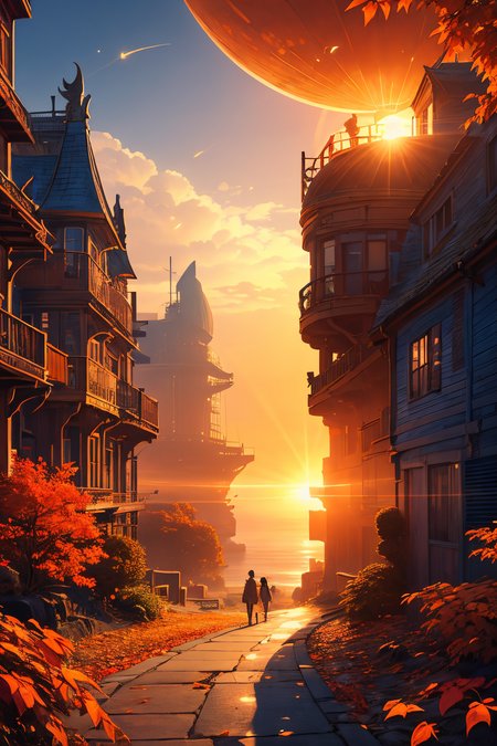 (Realistic:1.5) airship, knife, blue sky, fog, sun, full moon, male focus, 6+others, monster, from behind, orange sky, ocean, sunbeam, arch, indoors, orange sky, lens flare, street, autumn leaves, fireflies, <lora:EdobSyFyHorrorFairyTale_v1.0:0.8>