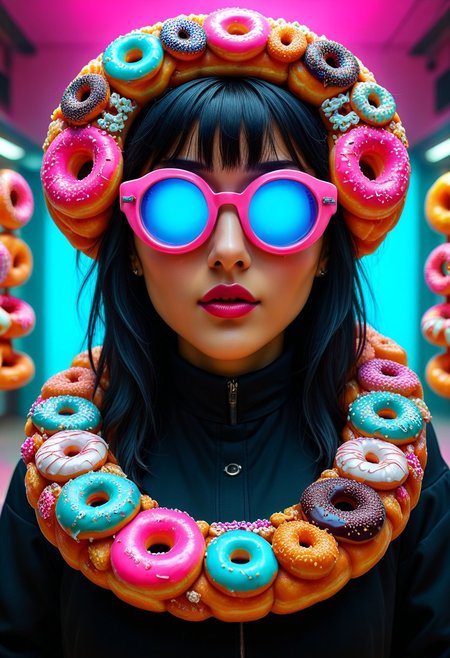 d0nu71f13d, An epic photo of a gorgeous cyberpunk model wearing oversized donut glasses made of doughnuts, neon color, masterpiece, best quality, highly detailed, sharp focus, dynamic lighting, flux-style, mobe-cybideen