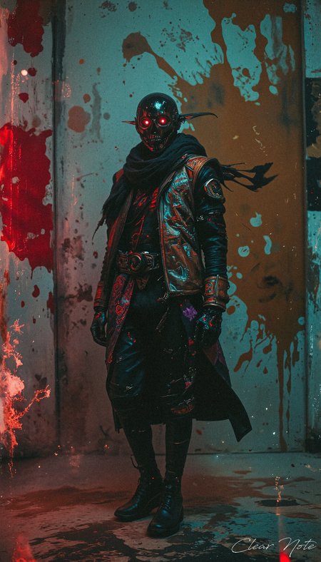 A cyborg reaper stands tall, its glowing red eye piercing through the dark. Behind it, splatters of blood-like ink streak the air, creating a chaotic backdrop. Clad in a sleek, stylish jacket and a scarf that billows in the unseen wind, it exudes an unsettling mix of elegance and menace, as if embodying a living work of macabre art.