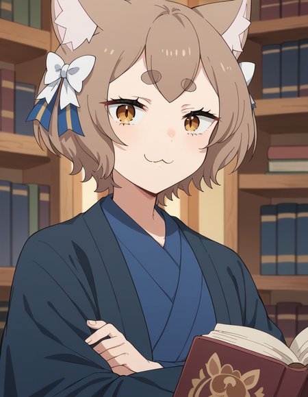 score_9, score_8_up, score_7_up, source_anime, <lora:felix-argyle-s3-p1-ponyxl-lora-nochekaiser:1>, felix argyle, short hair, bangs, brown hair, bow, animal ears, hair bow, male focus, cat ears, eyelashes, bob cut, thick eyebrows, white bow, otoko no ko,, japanese clothes, kimono, blue kimono, library, books, shelves, reading, quiet, smile, crossed arms, smug, looking at viewer, solo,, dutch angle, cowboy shot
