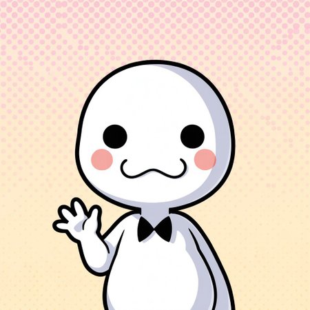 ch0rus_RH, 1boy, solo, no nose, white skin, solid circle eyes, black eyes, :3, smile, masterpiece, absurdres, amazing quality, ultra-detailed, best quality, miniperson, short, no humans, chibi, black bowtie, nude, upper body, blush stickers, hand up, waving, perfect hand, 5 fingers, slightly chubby, 
BREAK 
simple background, polka-dot background, rainbow colors, detailed shading,