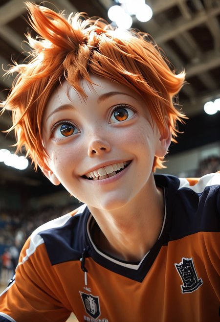 score 9, score 8, score 7, score 6, film grain, indoor, gym, camera angle, 1 boy, solo, hinata shoyo, orange hair, orange eyes, volleyball uniform, smile, looks up at the viewer <lora:shounen_zoomXL_ot_v4d-AMXL_V2 Score:0.95> <lora:Hinata_Shoyo:0,75>