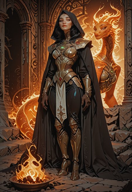 G0thicL1nes, DisneyStudioXL,,, cartoon, cinematic,,  Title: "Authoritative Female Figure - Regal Armored Ensemble"  Art Style: A detailed portrayal featuring a female figure dressed in a regal, armored ensemble, rendered in a style that blends fantasy and realism. The style is characterized by a high level of detail and intricacy.  Subject Pose: The female figure stands poised and commanding, with her gaze directed forward, exuding an air of authority and power.  Visual Elements: The subject wears a black hooded cloak, intricately designed with golden patterns, and a white chest plate with golden dragon motifs. She is also adorned with a prominent green gemstone pendant and gold accents throughout her armor. The background includes hints of architectural elements, possibly a grand hall or temple, bathed in soft, ambient light.  Color Palette: The color palette is a blend of warm and cool tones, with the black of the cloak, white of the chest plate, and golden details standing out against the muted background.  Composition: The composition focuses on the female figure, with the architectural elements in the background serving as an elegant backdrop that emphasizes her regal appearance and the intricate details of her attire. 1girl, solo, breasts, looking_at_viewer, black_hair, gloves, medium_breasts, hood, cape, armor, lips, blurry_background, fire, hood_up