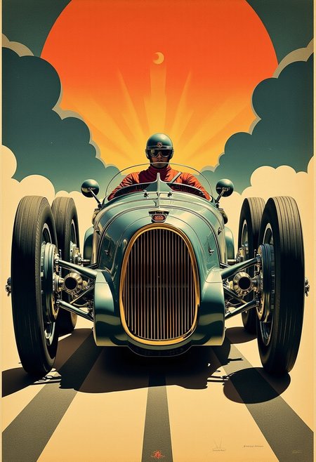 ArsMJStyle, ArtDecoVintageFuture, art deco poster style of 1930s Bugatti racing car