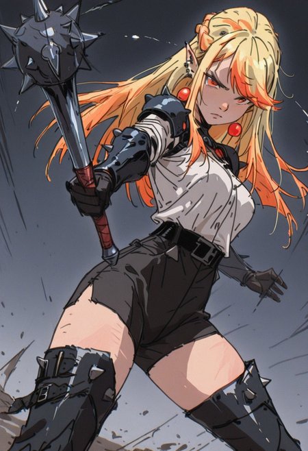 masterpiece, amazing quality, absurdres, 4ur4_illu, fl4tgr1t, sketch, dark_fantasy_style, dark fantasy, retro,
(Girl:0.0), 1girl, (solo), yellow hair, half up braid, straight hair, multicolored hair, swept bangs, 
orange eyes, ultra-detailed anime eyes, round eyes, pointed ears, earrings, ear piercing, breasts, 
dark spiked armored outfit, white shirt, black shorts, black belt, thigh-high boots, 
(Pose:0.0), ((looking at viewer)), standing, (swinging mace), motion blur, 
(Emotion:0.0), determined, serious, 
(Scene:0.0), cowboy shot, dutch angle, from front, dynamic pose, simple background, depth of field, foreshortening,