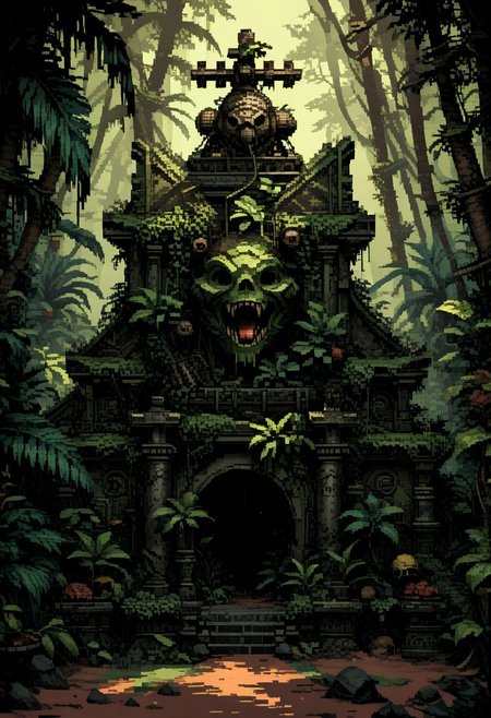 score_9, score_8_up, score_7_up, yamer_pixel_fusion, pixel art, deep jungle, overgrown temple, ancient, toxic, hyper-detailed, d3p1x3l, pixel art