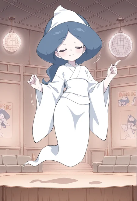 1girl, solo, transparent, monster girl, ghost tail, triangular headpiece, long hair, blue hair, parted bangs, blue eyes, pale skin, japanese clothes, obi, long sleeves, wide sleeves, dancing, motion lines, pointing up, closed eyes, indoors, disco, disco ball, club  <lora:ghost_girl_moses:1>, masterpiece, best quality, amazing quality, very aesthetic, absurdres, highres, newest