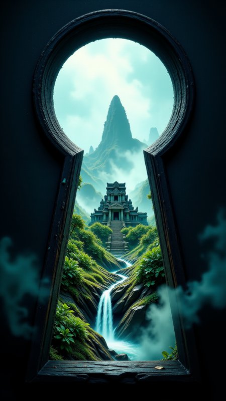 Peer through an oversized keyhole to reveal a tiny, mysterious island with lush jungles, waterfalls, and ancient ruins. Fog drifts around the edges of the keyhole, enhancing the sceneâs mystery and intrigue,Jedjv1,   <lora:JedJourney_epoch_7:1>,