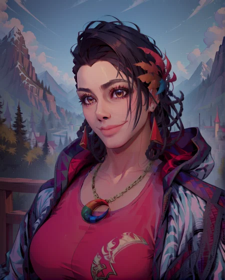 score_9,score_8_up,score_7_up,score_6_up,score_5_up,score_4_up,
Azucena,black hair,braids,long hair,brown eyes,white jacket,red crop top,red pants,necklace,hair ornament,triangle red earrings,
looking at viewer,smile,
standing,upper body,
mountains,plains,morning,<lora:Azucena:1>,