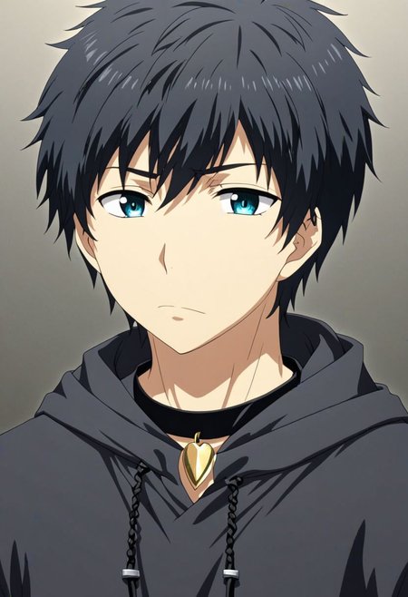 high resolution, solo, best quality, 1Boy, Arata Kaizaki, Black Hair, bangs, necklace, choker, hair between eyes, Hoodie, OverallDetail