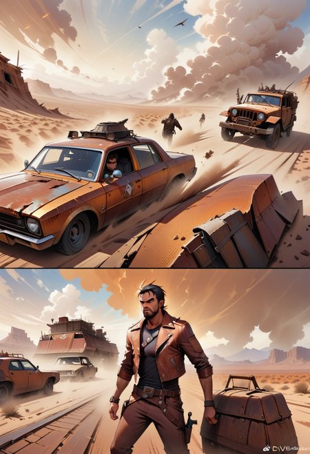 one man, black hair, clean face, square jaw, eye crinkles, annoyance, frown, kicking car, desert, old road, Jug tied to top, rust on car, aged car, bars instead of windows, side holster, knife in carrier, leather jacket, old west undershirt, dust storm in distance, dvr-rst,  defined, highly detailed,