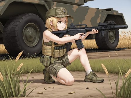 1girl, solo, aiming, on one knee, tiptoes, 
<lora:Marichka-AZOV chan (IL)_v1-dedededestruction:0.6> marichka, sports bra, military coat, holding assault rifle, ar-15, trigger discipline, military hat, camouflage jacket, bulletproof vest, belt pouch
huge tank, size difference, tank's caterpillar wheels, ground, wheat field, tall grass, rocks, empty shells, bullets, shooting