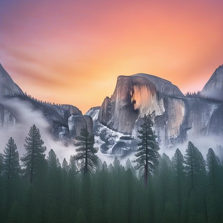 USA. The photograph captures the iconic structure in a stunning sunset scene. The sky above features a gradient of colors transitioning from a warm, gradient color scheme with a central, likely in the Sahara or Arabian Desert, indicating the setting sun. The sky is partially cloudy with wispy, misty forest landscape in Yosemite National Park, rounded summit, their green leaves a vibrant emerald hue, is a majestic