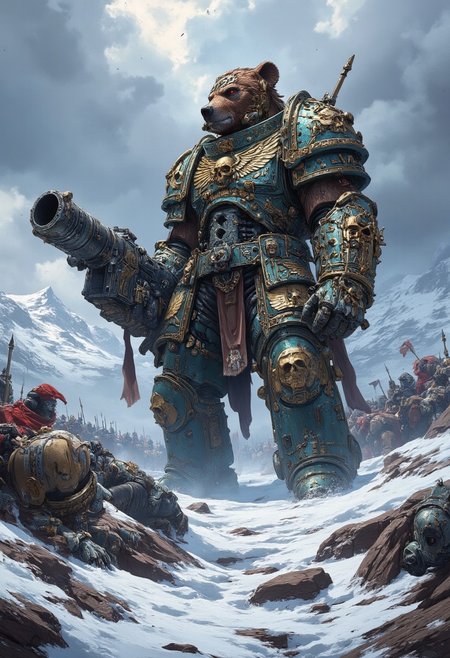 ((Dark fantasy art)) 
The image depicts a massive, humanoid bear standing in a snowy battlefield. The bear is dressed in dark fantasy armor and adorned with skulls, chains, and furs. holding large cannon Its imposing size and fierce expression suggest a dominant warrior. Surrounding the bear are fallen soldiers and debris, giving the impression of a fierce battle. Snow-covered mountains and a cold, stormy sky form the background, enhancing the dark, brutal atmosphere of the scene.