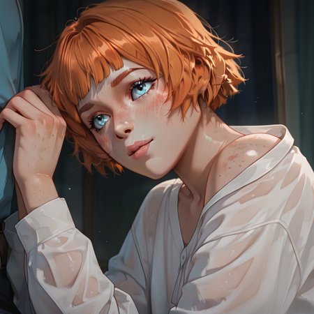 masterpiece, best quality, newest, absurdres, highres, anime, anime style,
Maddie-Nolan-IL.V1.1-whiteshirt, white shirt, orange hair, ginger, redhead, freckles, blue eyes,