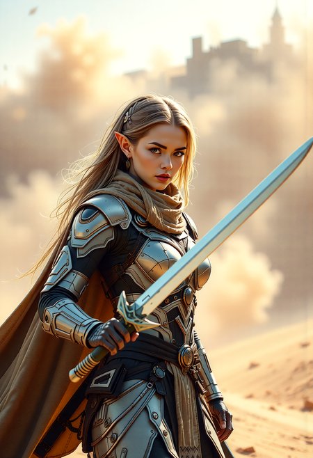 A cinematic scene unfolds in a desert landscape, where a Valenar Elf warrior, a fusion of ancient traditions and high-tech innovations, stands ready for battle. Her clothing, a blend of traditional elven attire and futuristic technology, includes a high-tech cloak and armor, enhancing her agility and protection. The warrior, with her sword drawn, faces the sandstorm, her determined expression capturing the essence of resilience and strength. This high-resolution photograph, with its dynamic composition, energetic pose, and hyper-realistic details, utilizes dramatic lighting and shallow depth of field to create a captivating image, leaving viewers enthralled by the warrior's beauty, power, and the mysteries of the desert's harsh environment.   <lora:scifi/fluxPunk_v1.safetensors:1.0>,  <lora:flux/Sinfully_Stylish_.02_for_FLUX-000002.safetensors:1.0>,  <lora:flux/perfection style v2d.safetensors:1.0>, perfection style, <lora:flux/ARTifacts>,