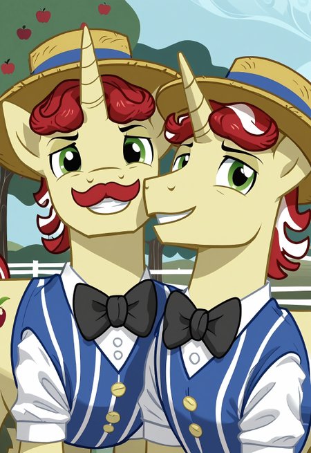 safe_pos, safe_pos, score_9, score_8_up, score_7_up, rating_nsfw, ultra hd, absurdres, duo, two ponies, masterpiece, best quality, best aesthetic, Expressiveh, wolfconf,

MLPFlim, flim_redhair, flim_quartercutiemark, unicorn, bowtie, striped shirt, BREAK
MLPFLam, flam_redmustache, flam_redcutiemark, flam_redhair, unicorn, bowtie, striped shirt, (portrait) looking at viewer, smiling, straw hat, apple orchard, mischievous, horny