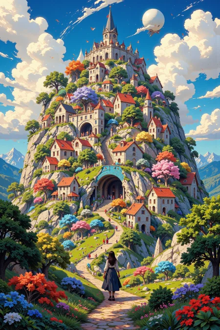 sky village beautiful  landscape, morning, woman, very intricate, very detailed, sharp, bright, colorful, <lora:Hand v2:0.5> <lora:Anti-Blur:1><lora:Insane Detail Slider:0.25>  <lora:flux.1_lora_flyway_Epic-detail_v2:0.3> <lora:fluxenhancer:0.25>  <lora:Anime art - Variant 1:1>