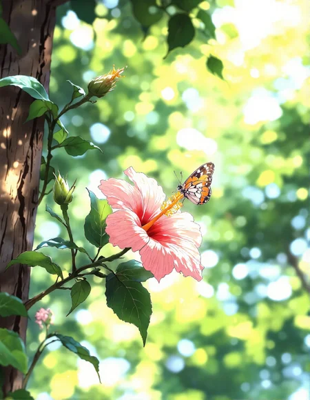 serene, sun-drenched nature macro close up photograph in anime style. Picture a pale pink hibiscus flower in full bloom, with delicate veined petals and a prominent yellow pistil.  A butterfly with patterned wings in shades of orange, white, and brown is delicately landing on the edge of the flower. The flower and butterfly are positioned on a brown branch that cuts diagonally across the frame. Bright sunlight streams from the top right, casting rays of light through the surrounding green leaves and branches, which are softly blurred in the background. The overall scene is warm, inviting, and focused on the delicate beauty of nature, <lora:aidmaMJ6.1_v0.5_3:0.7>, <lora:Vibrantly_sharp_style_v.2:1>, <lora:Cozy_Paradise:0.8>, <lora:RetroAnimeFluxV1:0.4>