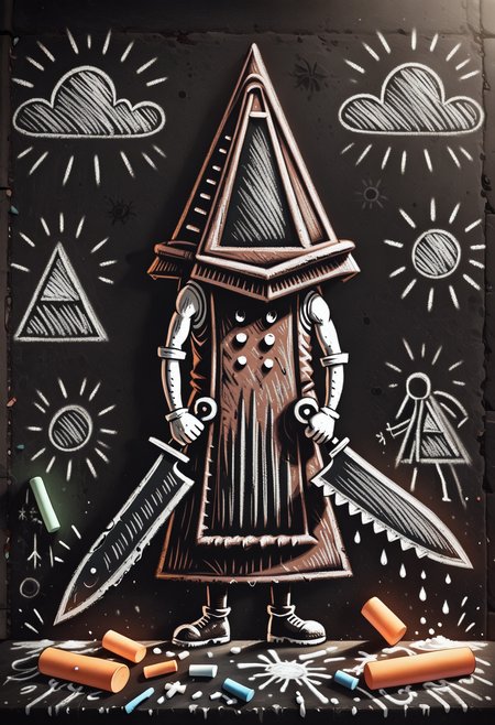 ch4lkdr4w, chalk drawing, highly-detailed, best quality, masterpiece,  very aesthetic, 1boy, Pyramid Head (Silent Hill), holding absurdly large knife, , chalk, black background
