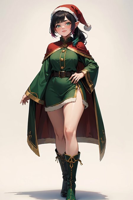 (masterpiece, best quality, highres, high resolution:1.2), extremely detailed, intricate details, 1girl, solo, looking at viewer, clamEmma, <lora:clamEmma:0.6>, (simple background, white background:1.2), full body, santa's elf, green outfit, stocking cap, high heel boots, smile, side-swept bangs, black hair, pink IncursioDipDyedHair, messy mid ponytail, green eyes, thick eyebrows, freckles, <lora:DipDyedHair:0.8>, <lora:weight_slider_v2:0.25>, (cinematic lighting, bloom, volumetric)