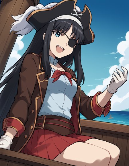 score_9, score_8_up, score_7_up, source_anime, <lora:carnivalphantasm-akiha-toono-ova-ponyxl-lora-nochekaiser:1>, akiha toono, tohno akiha, long hair, blue eyes, black hair, hairband, white hairband, medium breasts,, <lora:pirate-costume-ponyxl-lora-nochekaiser:1>, pirate costume, pirate hat, skirt, gloves, jacket, shirt, eyepatch,, blue sky, sea, ocean, pirate ship, treasure, gold, smug, open mouth, from below, sitting,, , dutch angle, cowboy shot