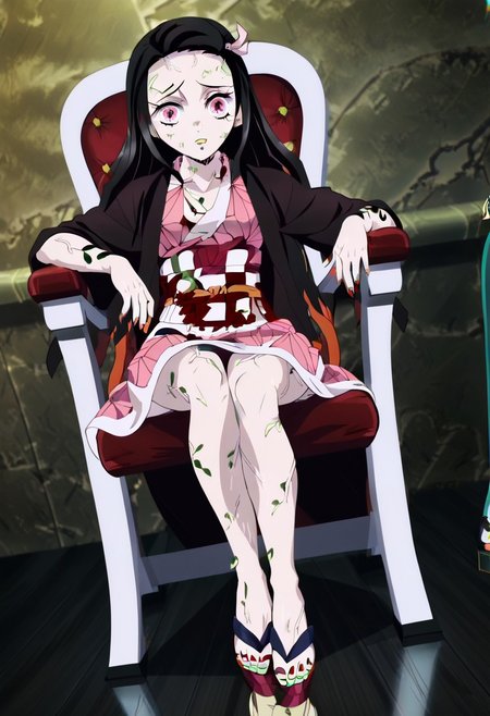 Perfect quality, hd, 4k, absurdres, Perfect face, perfect body, Nezuko, sitting in chair, pink kimono, perfect feet, perfect toes, spread toes, nail polish, sandals, cowboy shot, dutch angle, screencap, veins