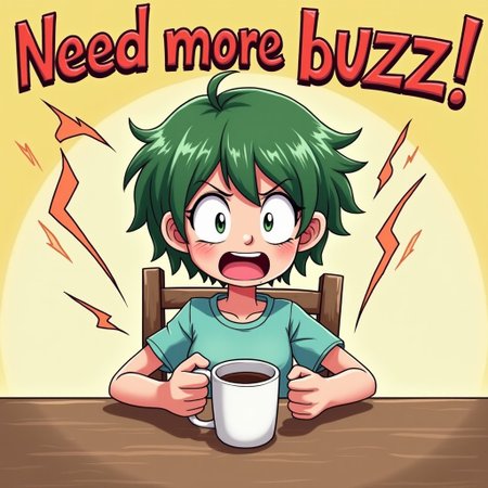 An anime-style image of a short, green-haired woman, eyes wide and visibly shaking with caffeine jitters, holding an empty mug in both hands. Empty mug, mug that is empty. Sitting at a wooden table. Her exaggerated, frantic expression and twitching movements are highlighted in bright, energetic colors. Text in bold, playful font says "Need more buzz!" with vibrant motion lines radiating from the cup and her figure.