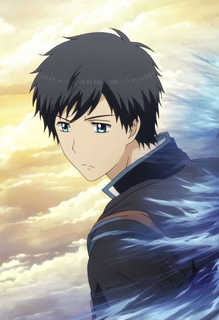 high resolution, solo, best quality, 1Boy, Arata Kaizaki, Black Hair, Blue Eyes, existential longing, fantasy background, strong wind, OverallDetail