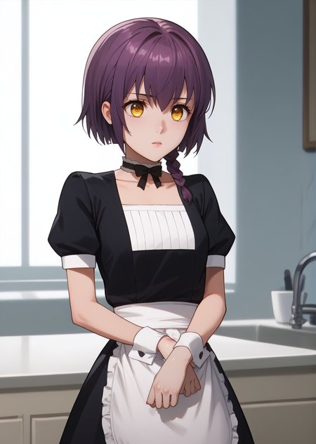 score_9, score_8_up, score_7_up, score_6_up,  rating_explicit, source_anime, cinematic shadow, cinematic light, cute and sensitive, soft skin,  characters focus, detailed eyes, detailed skins,   <lora:Sakurai_Minami:0.9>, minami, yellow eyes,purple hair, short hair,single braid,eyebrows visible through hair, bang,small breasts, standing,minamidress,maid,choker,black ribbon, neck ribbon,collarbone,puffy short sleeves,ribbon,white apron, waist apron, white bow, black dress,wrist cuffs,v arms,
