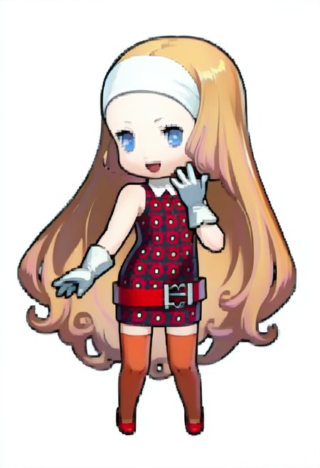 score_9, score_8_up, score_7_up, source_anime, 1girl, open mouth, smile, <lora:Feh-Sprites-pdxl_Fp:1> simple background, chibi, full body, <lora:JunahMR-pdxl:1> junahMR, long hair, streaked hair, white headband, print dress, red belt, single pauldron, sleeveless, white gloves, orange thighhighs, red high heels