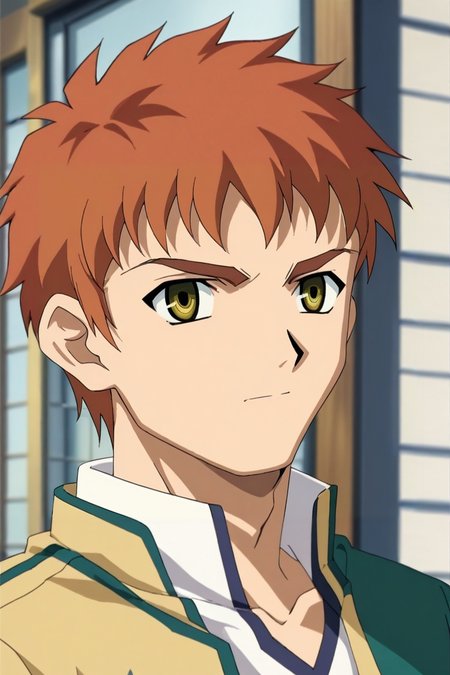 score_9, score_8_up, score_7_up, source_anime, anime screencap, rating_safe, intricate details, looking at viewer, depth of field, 1boy, emiya shirou, fate \(series\), orange hair, yellow eyes, solo, asymmetrical, corridor, dawn, the pose, :D, <lora:fsn_style_pony:1.04>, fsn_style, , <lora:sdxl_lightning_8step_lora:1>