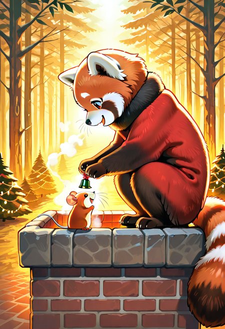 Animal Christmas, masterpiece, best quality,  A red panda dressed as Santa climbing down a chimney into a cozy cottage filled with other forest animals. Inside, a Christmas feast awaits, complete with steaming hot chocolate and a tiny mouse choir singing carols.