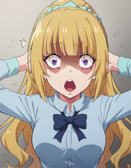 score_9, score_8_up, score_7_up, source_anime, <lora:kei-karuizawa-anime-s2-ponyxl-lora-nochekaiser:1>, kei karuizawa, long hair, bangs, blunt bangs, purple eyes, blonde hair, hair ornament, ponytail, scrunchie, blue scrunchie, medium breasts,, <lora:shocked-black-guy-ponyxl-lora-nochekaiser:1> shocked black guy, open mouth, looking at viewer, hands behind head, shaded face,, , ,