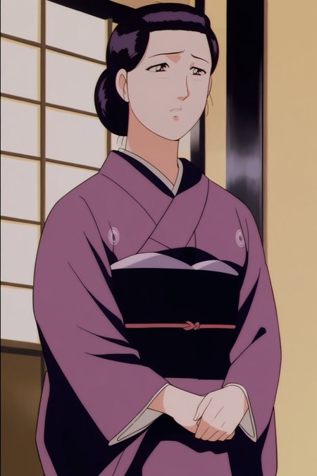 anime screencap,anime coloring,detailed face,masterpiece,best quality,very aesthetic,absurdres,official style,amazing quality,ultra detailed,highres,amazing quality,scenery,beautiful detailed hair,beautiful detailed eyes,
<lora:å·½ç´«ä¹-IL V1:1>,Xzn,solo,1girl,single hair bun,hair bun,black hair,retro artstyle,mature female,
japanese clothes,kimono,sash,shouji,obi,purple kimono,