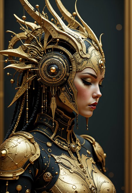 bo-golden, a futuristic female character with intricate, ornate headdress made of metallic and organic materials, featuring glowing elements<lora:boFLUX Golden Noir Abyss.safetensors:1.0:1.0>