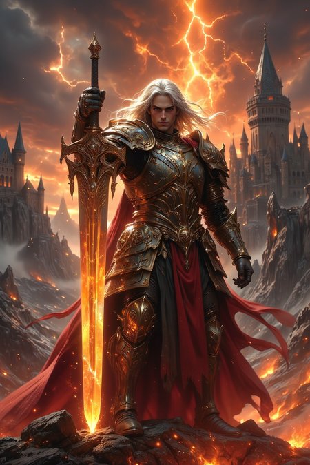 A cinematic portrait of a noble knight standing on a rugged, volcanic landscape. The knight is dressed in intricately detailed dark golden and black armor with sharp, ornamental designs. His long, flowing silver hair catches the wind, and his intense gaze is locked forward, exuding a commanding presence. In his hands, he grips a massive, glowing golden greatsword, the blade piercing the ground and radiating a fiery aura. Behind him, the backdrop is a dark and ominous castle set against a sky torn with molten orange lightning and glowing clouds, evoking the atmosphere of an impending battle. The burning embers and a crimson cape flowing from his back add movement to the scene. The overall mood is epic, high-contrast, and filled with intense detail, perfect for a dark fantasy or adventure setting.
<lora:Aura_Flux:0.5>
<lora:Dever_Flux_Enhancer:0.5>
<lora:FluxMythP0rtr4itStyle:0.75> mythp0rt
<lora:Midjourney_-_SemiReal_Dreams_FLUX_LoRA:0.75>