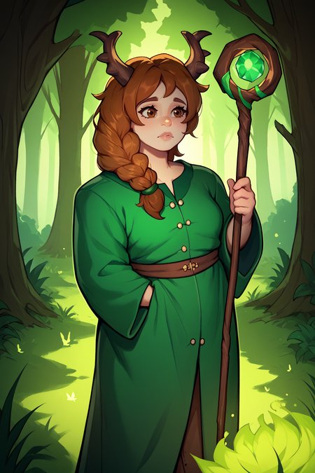 score_9, score_8_up, score_7_up, BREAK 1girl, solo <lora:NSMarnieStardew:1> NSMarnieStardew, single braid, brown eyes, brown hair, dear horns, green robe, staff, forest, green glow