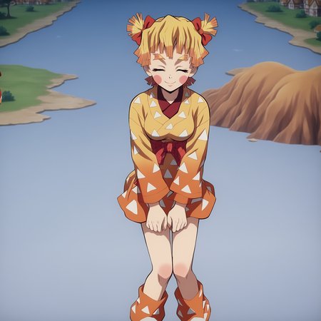 <lora:SlimesFemZenitsu-000003:1>, slimes_femzenitsu, eyes open, brown eyes, smile, closed eyes, breasts, knees up shot, village background