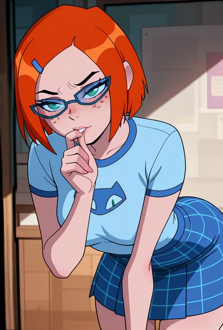 <lora:gwennerd-10:1> gwennerd, 1girl, solo, medium breasts, glasses, orange hair, short hair, hairclip, blue-framed eyewear, blue shirt, short sleeves, freckles, blue skirt, plaid skirt, green eyes, leaning forward, biting finger,, masterpiece, best quality, amazing quality, very aesthetic, absurdres, newest,