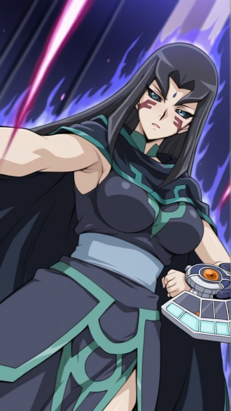 source_anime, general, best quality, masterpiece, 1girl,  <lora:Misty_Lola_ill_v1.1:1> misty_lola \(yu-gi-oh!\),blue eyes,colored sclera, black sclera,black hair, long hair, large breasts,facial mark, forehead jewel,tsurime,mature female,black cape, black_dress,holding card, duel disk, dynamic pose, dutch angle, dark aura,