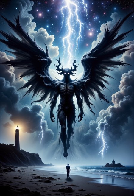rising of the ocean on a dark night a giant human body walking towards the sailor with kraken head with a lot of kraken giant tentacles coming out of your head, extra large dark wings, cthulhu, shadow. a diagonal flash of a lightning bolt tearing the scene, a sailor figure, almost tiny in size is standing still on the edge of the beach looking at the ocean. in the left corner of the scene is a lighthouse with a yellow light focused on the ocean reflecting in the water on an island in the ocean. on the sky a arm of he vialact, In the night sky a galaxy full of stars, dark atmosphere. terror and horror feeling.
