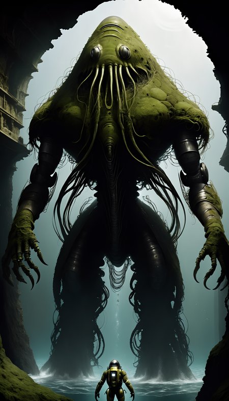 RAW Photo, photorealistic, <lora:mosscoveredXL:1>moss a colossal sea creature interacting with an underwater research robot, no_humans,  in underground spring, dynamic pose, dynamic angle, detailed intricate, nature, natural elements,, (Masterpiece:1.3) (best quality:1.2) (high quality:1.1)