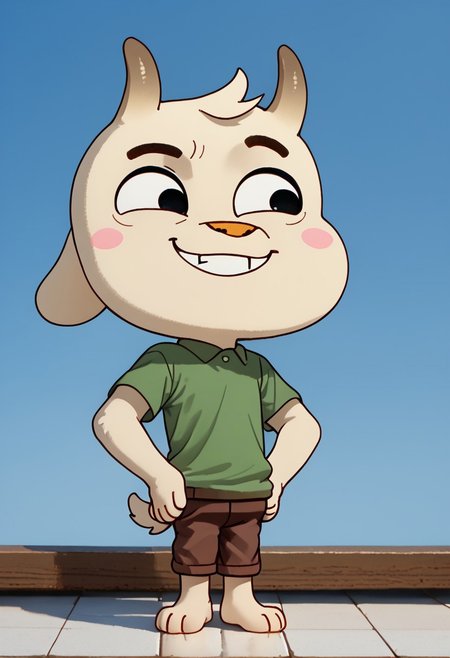 score_9, score_8_up, score_7_up,1boy, solo, cute boy,  1boy, solo, Chichi, goat, pale cream-colored goat, two horns, dark brown horns, fluffy tail, tuft of hair , pink cheeks, orange nose, Barefoot, hands on hips, smug smile, PONYXL_AlexRoss_ComicArt_ownwaifu