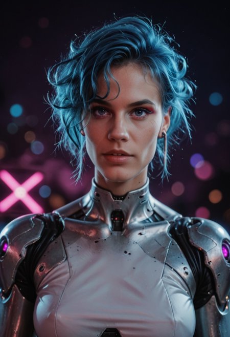 score_9, score_8_up, score_7_up, cyborg, ar3na1989, 1girl, blue hair, (neon purple light), pop singer, (bokeh), sci-fi, dark atmosphere, moody, aesthetic,