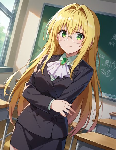 score_9, score_8_up, score_7_up, source_anime,
tearjulunatique, <lora:tearju-lunatique-ponyxl-lora-nochekaiser:1>,
tearju lunatique, long hair, blonde hair, green eyes, sidelocks, glasses, smile,
shirt, collared shirt, white shirt, suit, formal suit, long sleeves, ascot, white ascot, gemstone, green gemstone, skirt, pencil skirt,
indoors, classroom, teaching, chalkboard,
looking at viewer, cowboy shot, dutch angle, dynamic pose,